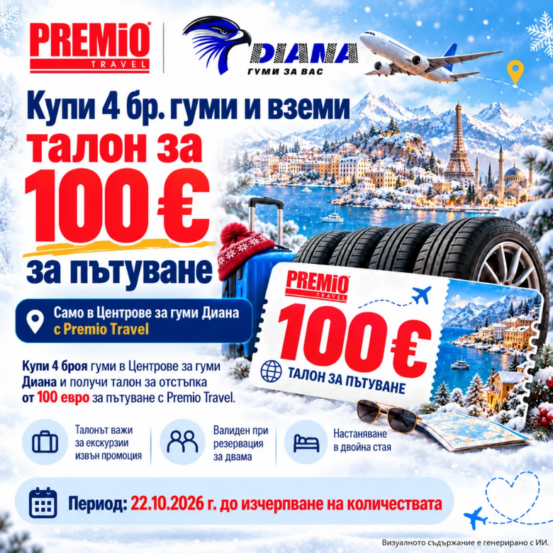 Купи 4 гуми от Диана и получи 100 € отстъпка за пътуване с Premio Travel!